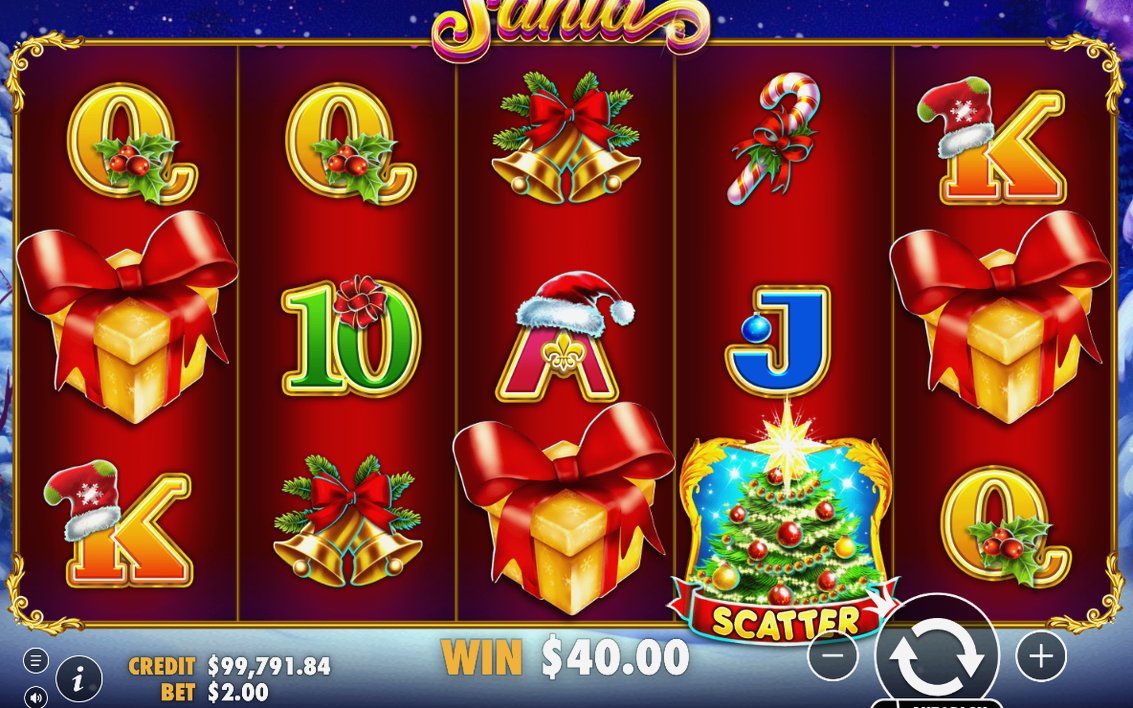 Base Game reels with Wild Santa and Scatter symbols