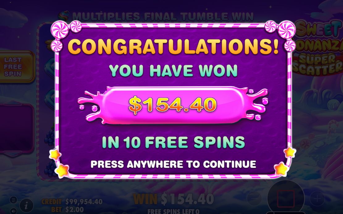 Win screen after tumbles, showing the total win